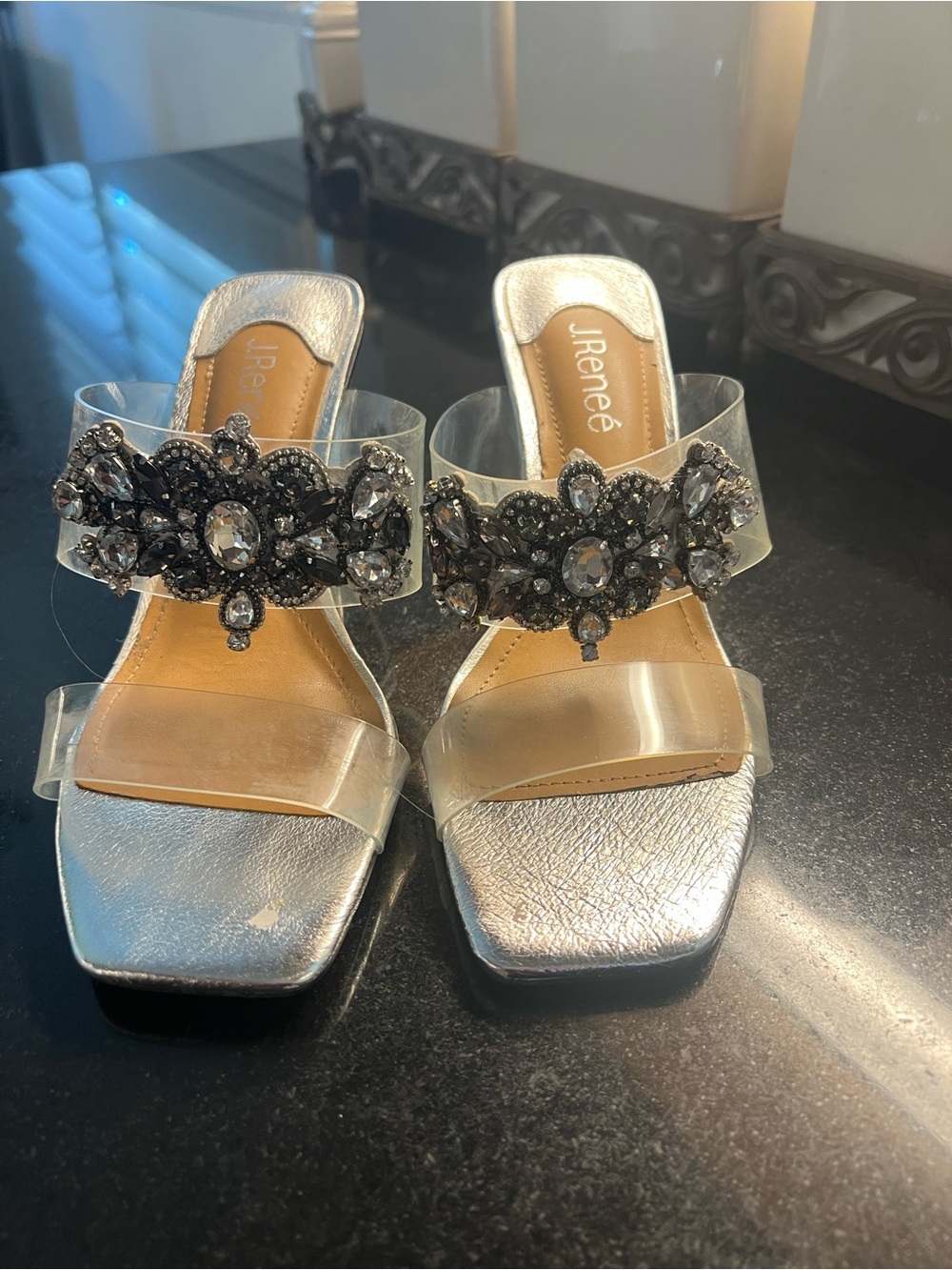 J.Renee Silver Metallic Mules with Clear Straps and Black Crystal Accents